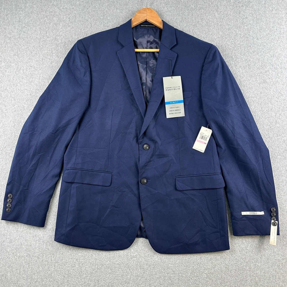 NEW Perry Ellis Suit Jacket Men's 42R Blue Portfolio Slim Fit Stretch MSRP $260